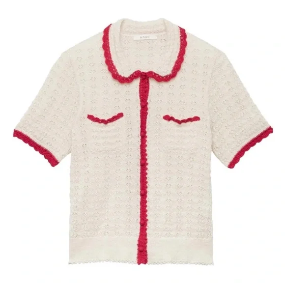Doen Gloriana Alpaca Silk Collar Crochet Knit Button Sweater Top Moonstone Red - Picture 14 of 14